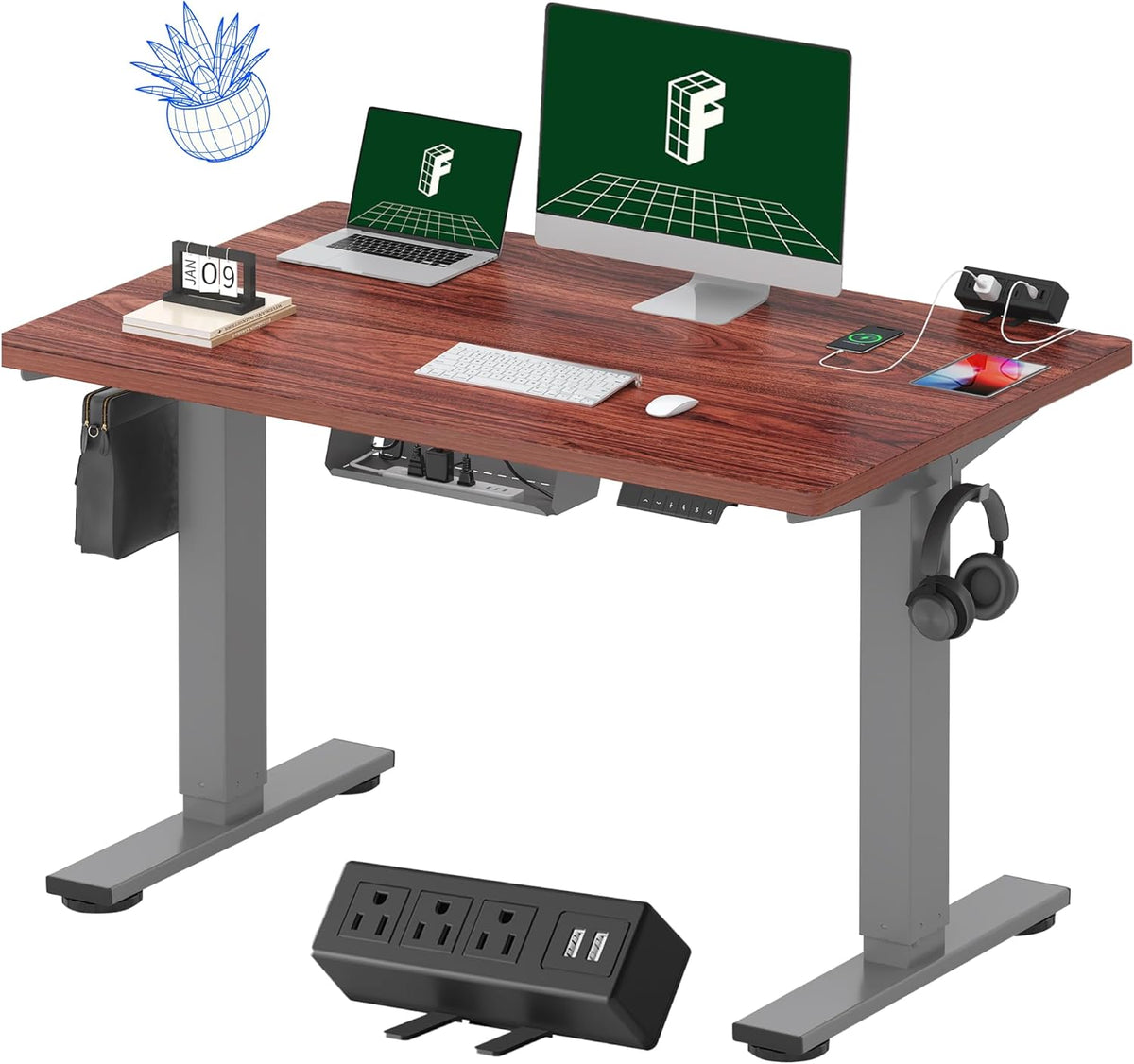 FLEXISPOT EN2 Whole-Piece Standing Desk with Clamp Power Strip, 48 x 30'' Height Adjustable Electric Stand Up Desk with Cable Management (Gray Frame + Mahogany Top, 2 Packages)
