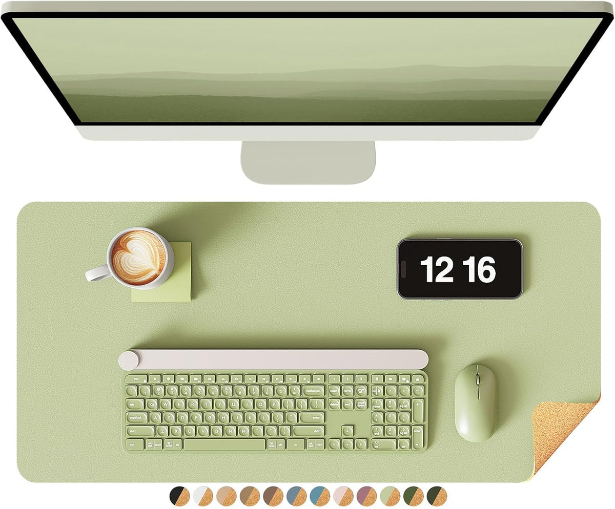 YSAGi Double-Sided Desk Pad, 23.6"x13.7" Leather Desk Mat, Eco Cork Desk Pad Protector, Large Mouse Pad for Desk, Waterproof Desk Blotter Pad, Desk Writing Pad for Office Work/Home(Matcha Green/Cork)