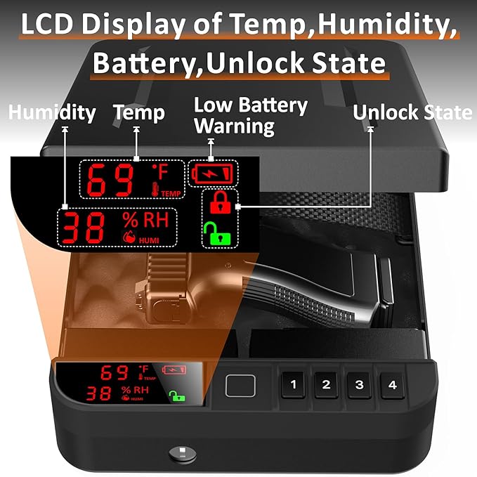 Portable Gun Pistol Safe with LCD Display of Temp, Biometric Fingerprint