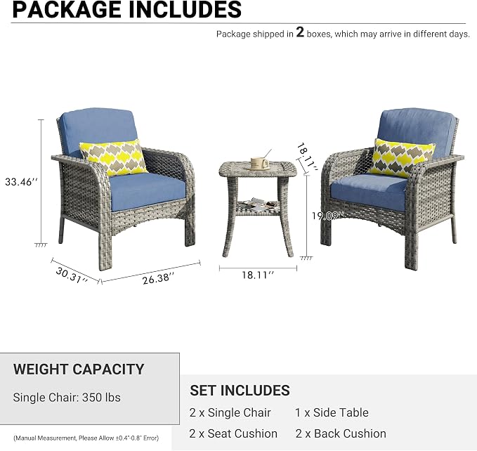 HOOOWOOO Patio Furniture Set, 3 Pieces Outdoor Conversation Set, All Weather