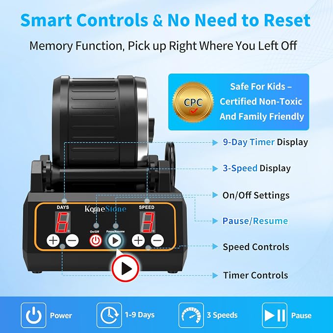 KomeStone Rock Tumbler Kit, K1 Professional Large 2.5LB Capacity Edition - Memory Function, Digital Timer & Variable Speeds: Includes All Accessories, Rock Polisher Gift for Adults & Kids