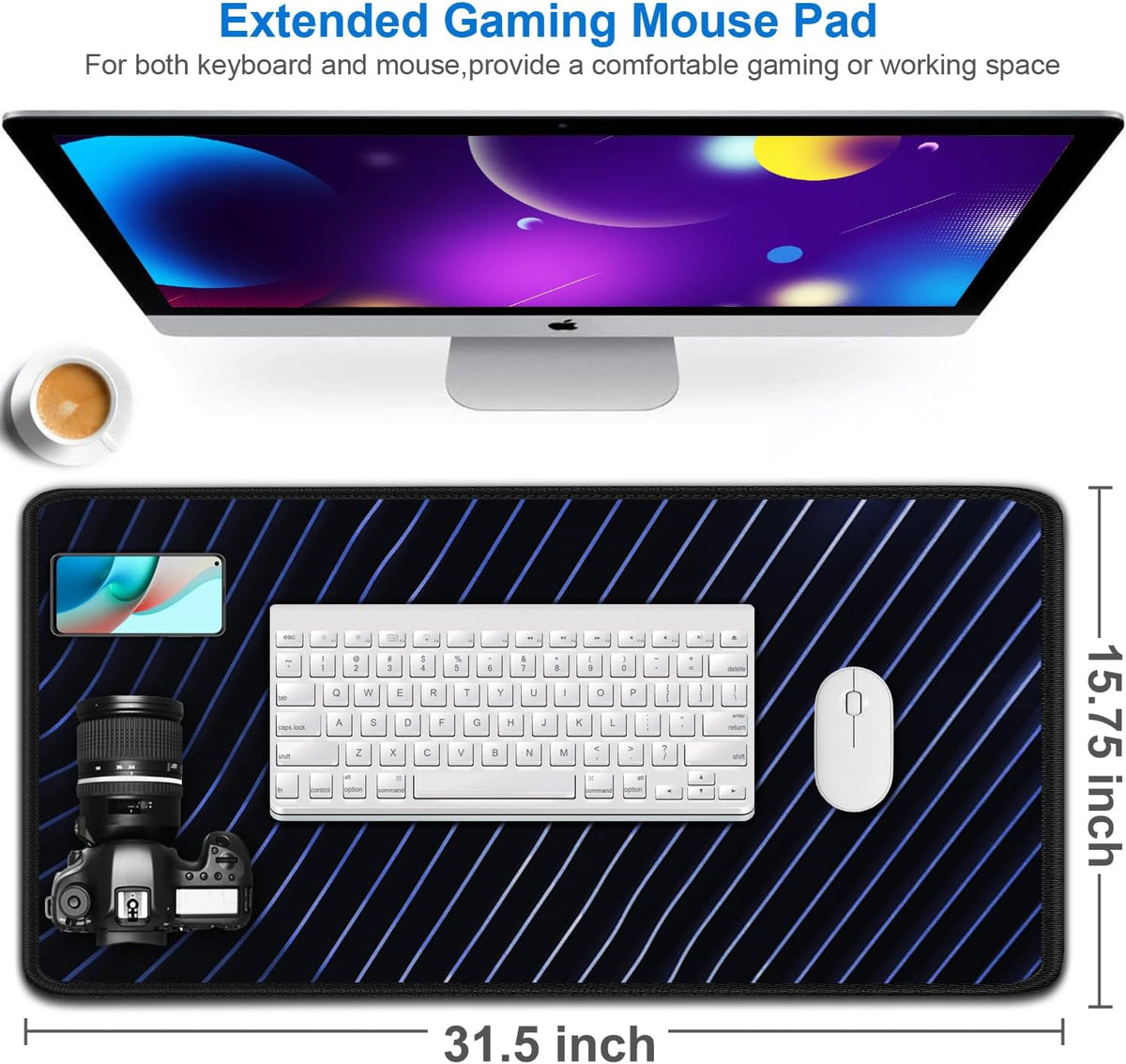Gaming Mouse Pad, 31.5x15.7 inch Large Extended Computer Keyboard Mouse Mat, Water Resist Non-Slip Mousepad Rubber Base Long XXL Desk Mouse Pad for Work & Gaming, Office & Home, Blue line