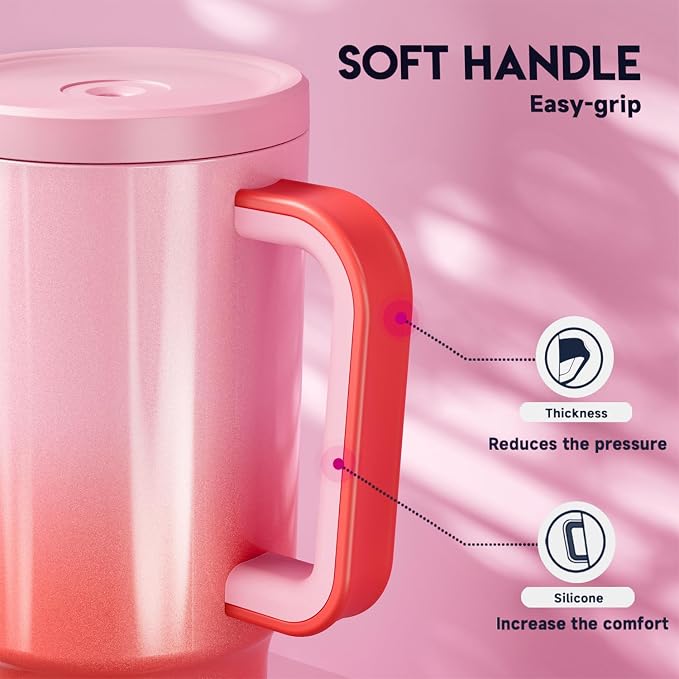 Meoky 30 oz Tumbler with Handle, Tumbler with Lid and Straw, Insulated Stainless Steel Travel Mug, 100% Leak-proof, Cupholder Friendly, Keeps Cold for 24 Hours or Hot for 8 Hours (Flamingo)
