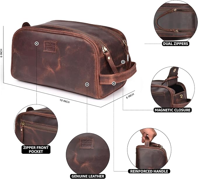 LEATHER VILLAGE Premium Leather Toiletry Travel Pouch