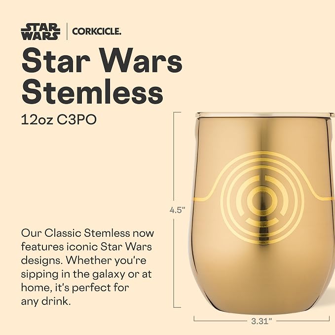 Corkcicle Stemless Insulated Wine Glass Tumbler - Beverages Cold 6 Hours & Hot 3 Hours - Stainless Steel - Easy-Grip - Summer Drinkware Gift - Keeps Drinks Ice - 12 oz - C-3PO