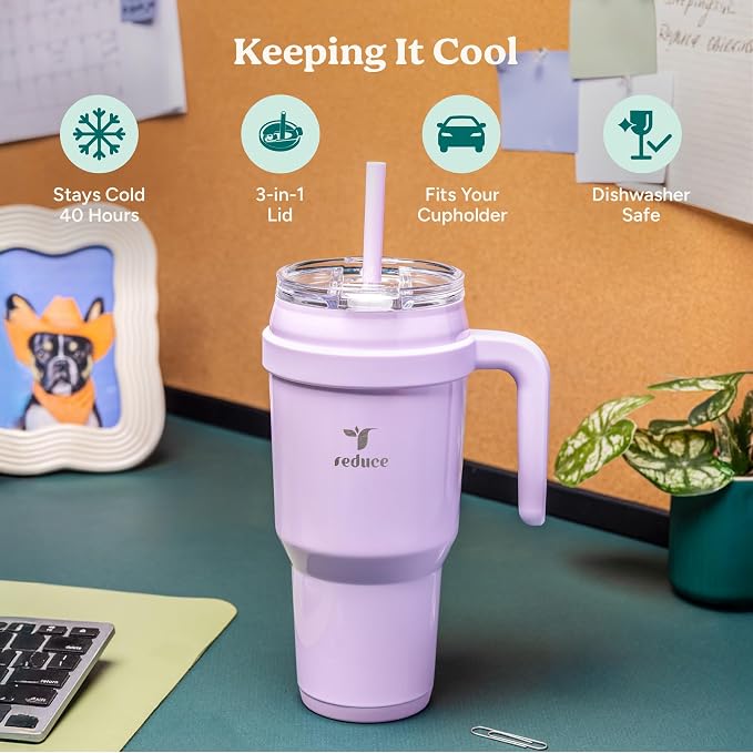 REDUCE 40 oz Stainless Steel Tumbler with Handle - Dual-Wall Vacuum Insulated Travel Mug, Sweat-Proof Lid & Reusable Straw - Keeps Drinks Cold for 24 Hrs, Fits Cupholders, Dishwasher Safe - Pineapple