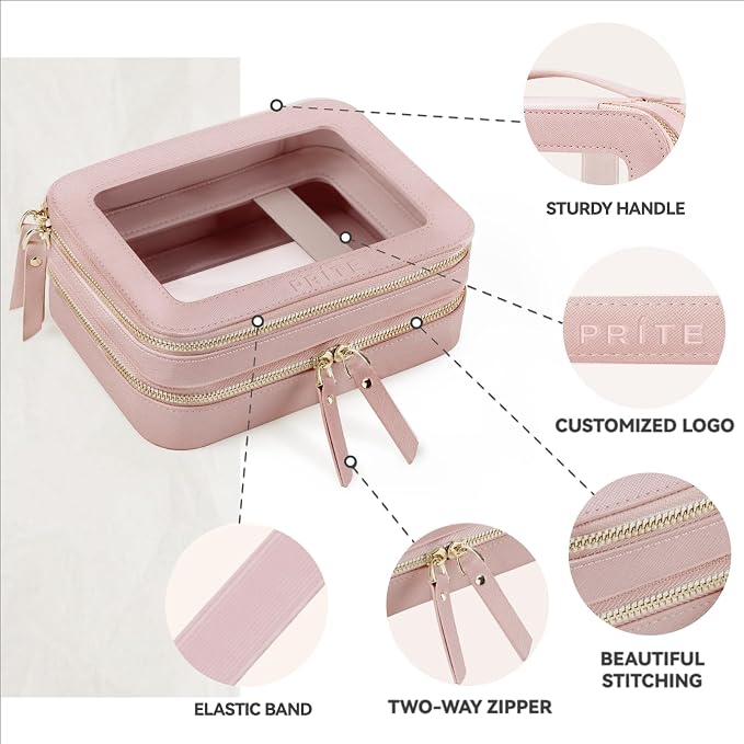 Prite Double Layer Makeup Bag for Women Portable Clear Makeup Bag Cute