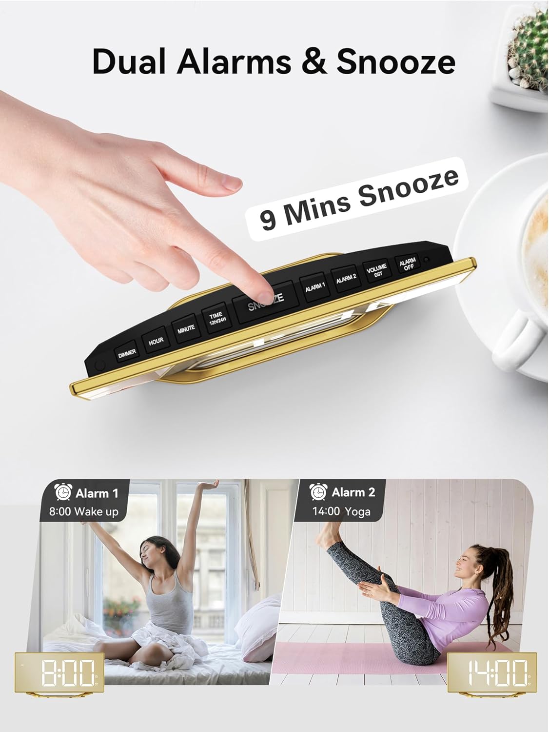 Digital Alarm Clock for Bedrooms, Slim LED Desk Clock with Gold Mirror Finish, 7 Levels Brightness, Dual USB Ports, Snooze, 12/24H, 8.7" Large Display Modern Bedside Clock for Home Office Decor