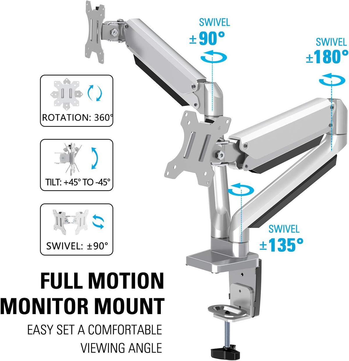 MOUNTUP Dual Monitor Desk Mount, Die-Cast Aluminum Fully Adjustable Double Monitor Arm with Gas Spring, Computer Monitor Stand Fits 2 Screen 17 to 32 inch - Each Arm Holds 3.3-17.6LBS, MU0024