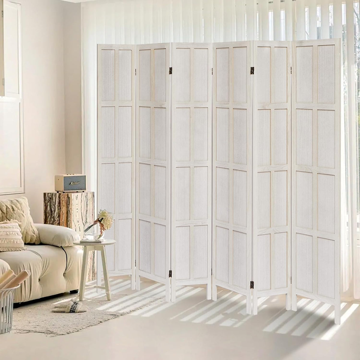 6 Panel Room Divider, 5.6Ft Wood Room Dividers and Folding Privacy Screens, Room Divider Wall Freestanding Room Partitions, Room Dividers Screen for Home Office Restaurant Bedroom, White