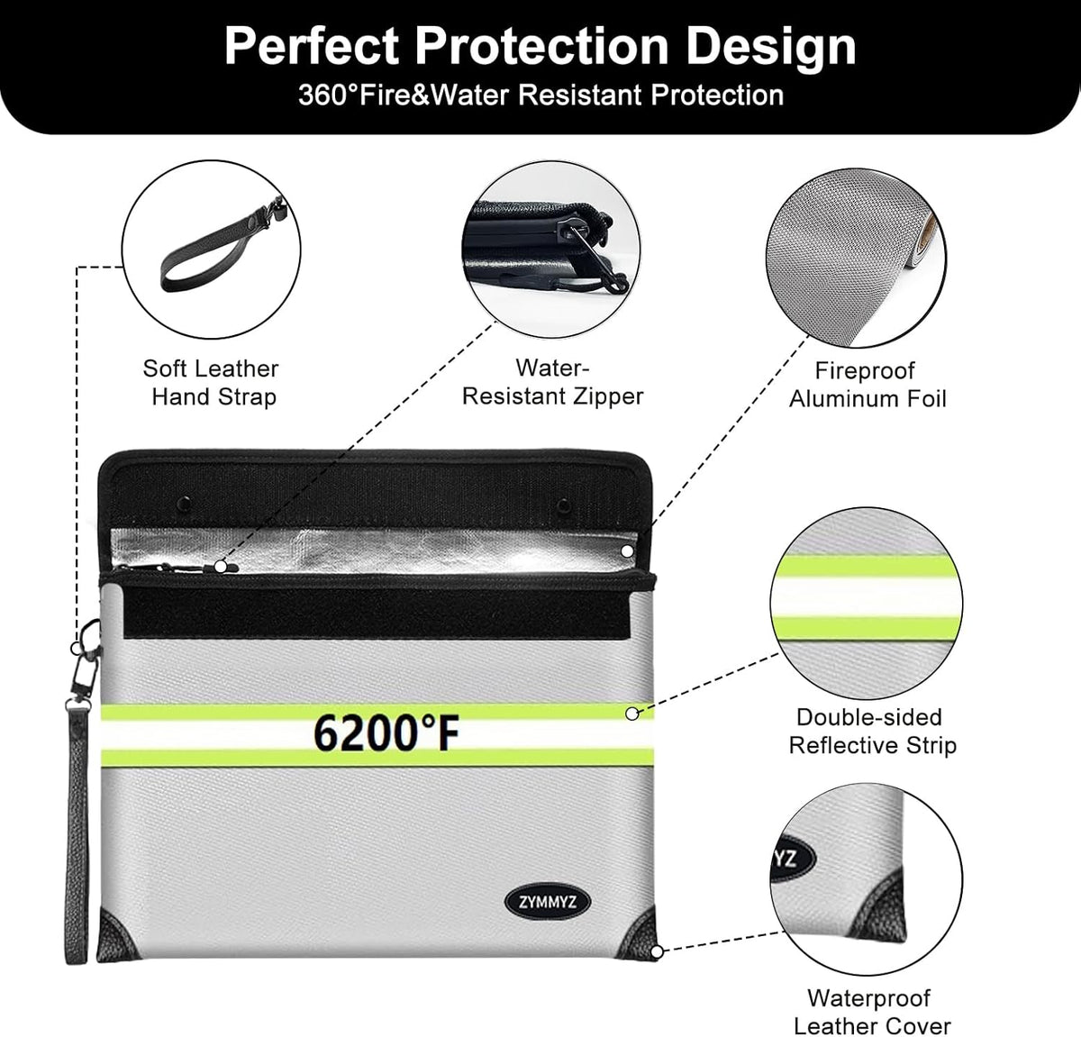 Upgraded Fireproof Document Bag with Waterproof Zipper,9 Layers of Heat Insulated Materials,6200°F Fireproof Money Bag for Cash,Valuables and Important Documents