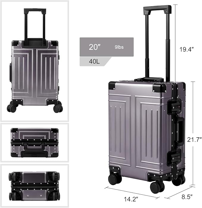 All Aluminum Magnesium Carry On Luggage，Cut from Whole Aluminum Sheet，22x14x9