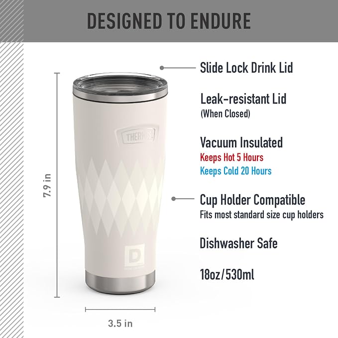 THERMOS, Stainless Steel Tumbler with Slide Lock, 18 Ounce, Argyle