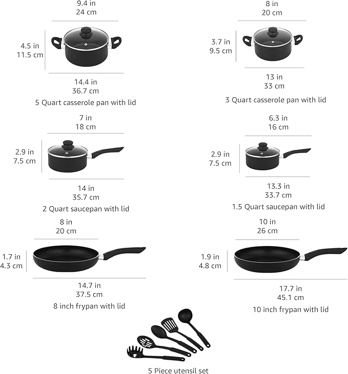 Amazon Basics Non Stick Kitchen Cookware 15-Piece Set, Non-Induction, Includes