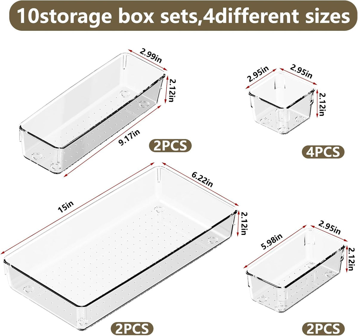 10 PCS Clear Plastic Drawer Organizer Set, 4 Sizes Acrylic Drawer Storage Trays Non Slip Storage Bins for Makeup, Jewelry, Gadgets for Kitchen, Bedroom, Bathroom, Office