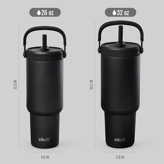 Ello Oasis Go+ 32oz Tumbler with Top Handle and Retracting Straw | Reusable Insulated Stainless Steel Cup, 100% Leakproof Water Bottle, 24 Hours Cold, Cup Holder Friendly For Travel | Black