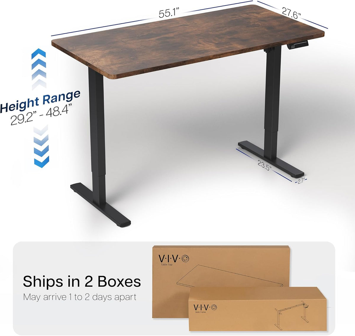 VIVO Electric 55 x 28 in Standing Desk, Memory Height Adjustment, 1B Series, One-Piece Rustic Vintage Brown Top, Black Frame, DESK-KIT-1B55N