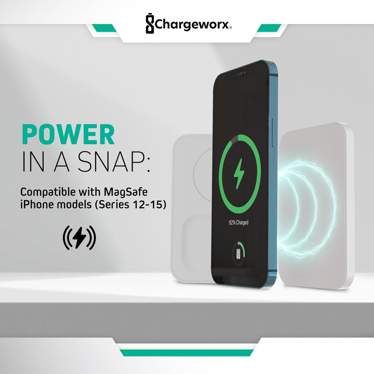 CHARGEWORX 3-in-1 Wireless Charger, Foldable Magnetic Charging Station with 15-Watt Fast Charging, Compatible with iPhone, Samsung, and Other Phones, Smartwatches, and Headphones, White