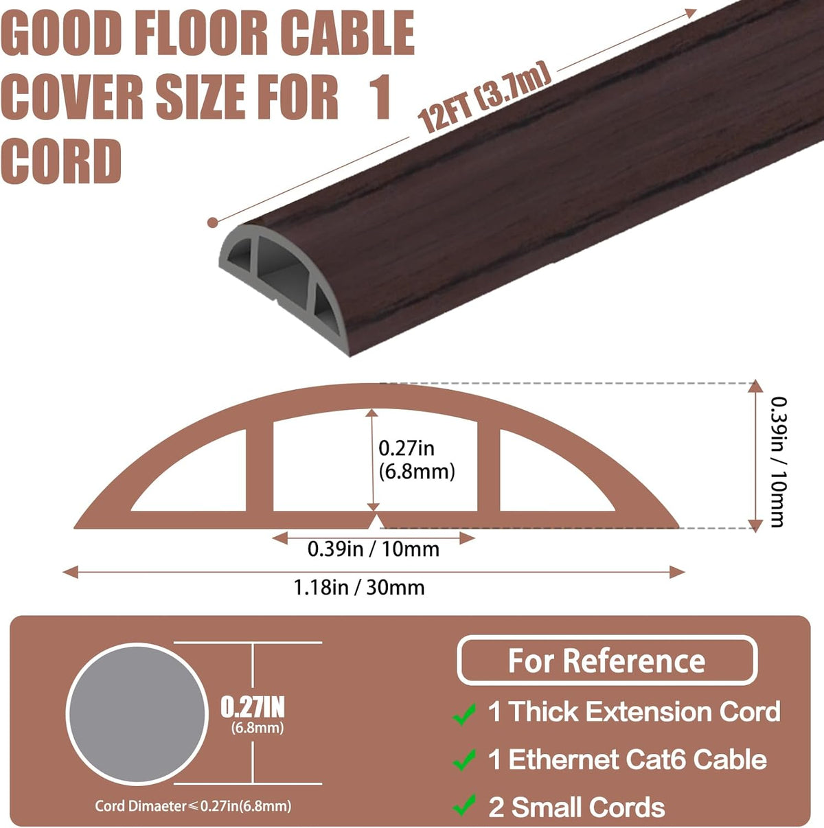 Floor Cord Covers for Wires 12FT Cable Hider Wire Cover Self Adhesive Cord Hider Floor for Offices, Homes, Workshops, Warehouses Cable Cavity 0.39" W x 0.27" H