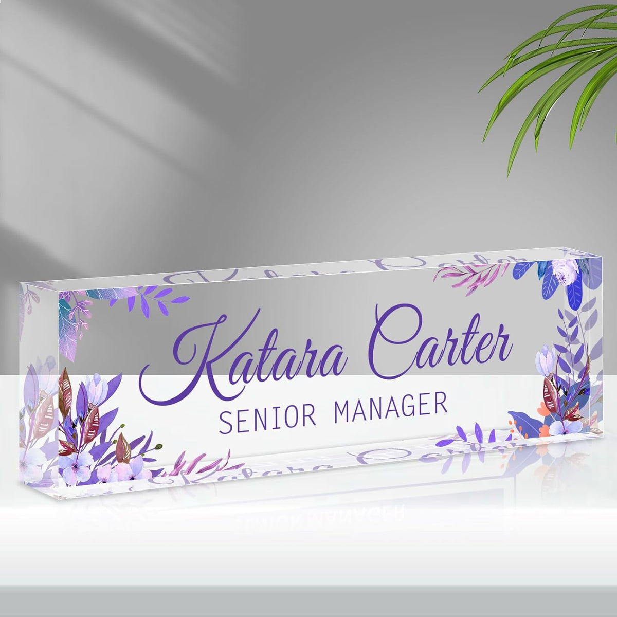 Name Plate for Desk Personalized, Acrylic Desk Decorations, Employee Appreciation Gifts, Custom Office Gifts for Coworkers, Boss, Teacher, Nurse (Purple Leaves)