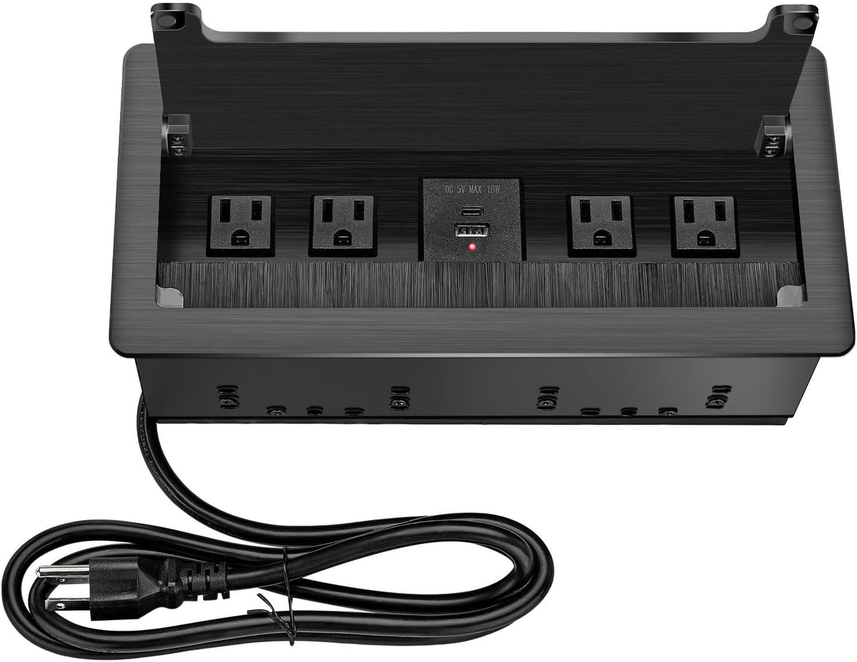 Embedded mesa Power Outlet Box, Table Power Multimedia Connectivity Box for Conference Study Room Home with 4 AC Outlet,USB-C Port Fast Charge 18W Length 4.9FT Power Cable (Brushed Black)