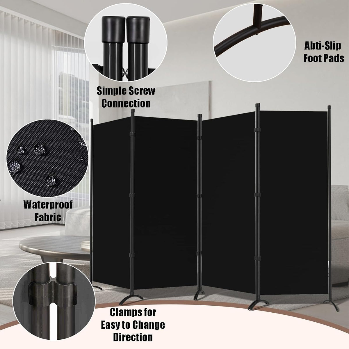 Room Divider 4 Pane 88''W Partition Room Dividers and Folding Privacy Screens Wall Divider for Room Separation, Freestanding Fabric Room Divider Panel