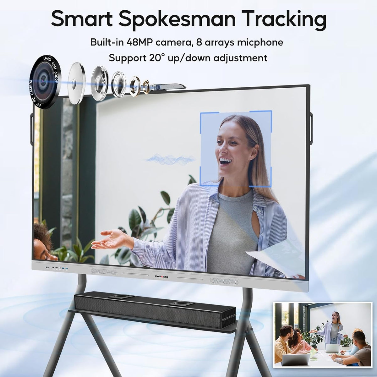 Smart Board, 55 Inch Interactive Whiteboard with 48MP AI-Tracking Camera, 100W Soundbar, Android 14 8+128GB 4K UHD Touchscreen Digital Whiteboard for Classroom Home Office (Wall Mount Included)