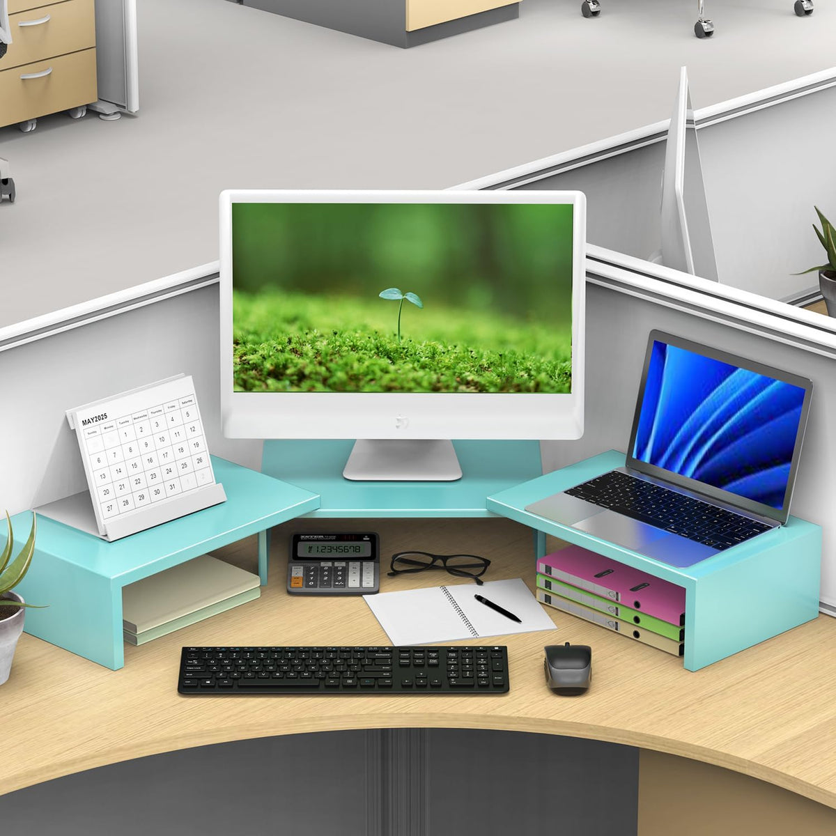 Dual Monitor Stand for Desk, Metal Computer Stand, Desk Shelf Riser,Desktop Organizer for Home and Office Use (Blue)
