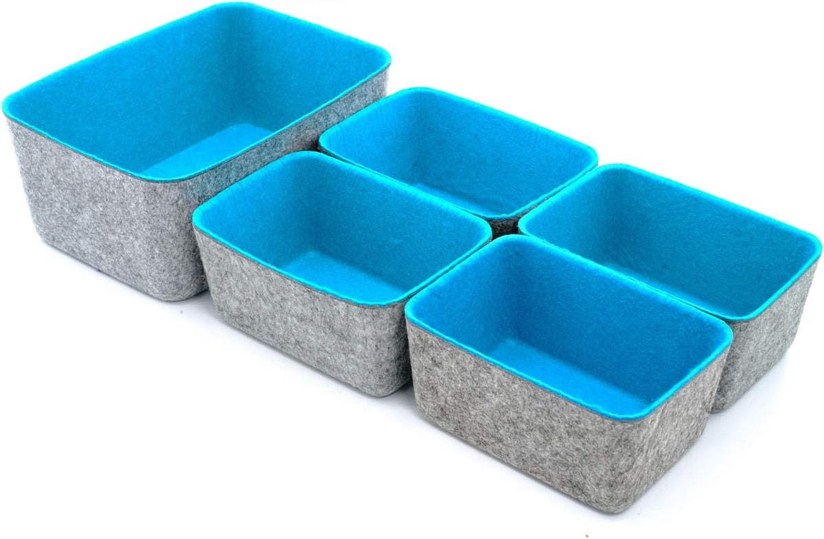 Welaxy office Drawer organizers bins Deep draw organiser Felt storage bin drawers Desk draw dividers boxes for toys makeup jewelery rolled ties organizing 5 pack (Turquoise)