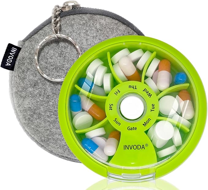 INVODA Weekly Pill Organizer 7 Compartment Rotating Pill Box