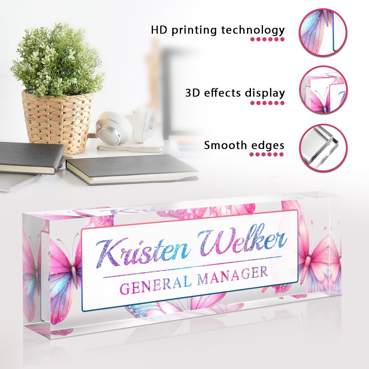 Personalized Name Plate for Desk - Custom Engraved Name Plates for Man - Boss Day Gifts for Boss - Acrylic Office Decor Appreciation Gifts for Teacher Nurse Coworker Social Worker (Pink Butterfly)