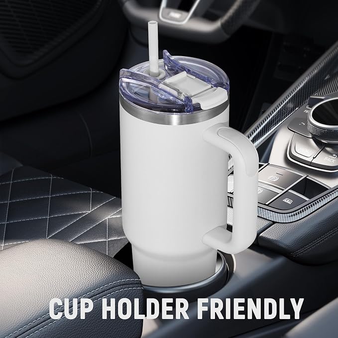 COKTIK 40 oz Tumbler With Handle and Straw, Insulated Tumbler With Leakproof Lids, Stainless Steel|BPA-Free, Cold for 24 H (Grey)