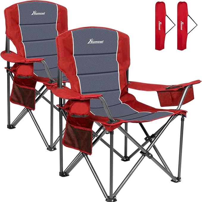 Romswi Oversized Camping Chairs, Heavy Duty Support 500 LBS, Padded Back & Arm