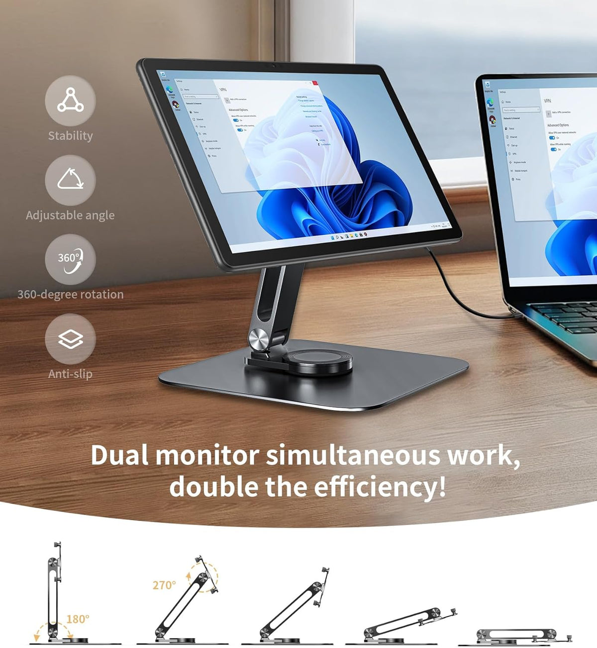 13-17.3" Monitor Stand with 360° Swivel Base, 75mm VESA Single-Arm Mount w/ M4 Screws for Portable Monitor, Adjustable Angle & Tilt & Rotation - Touchscreen Desktop Display Stand (Black)