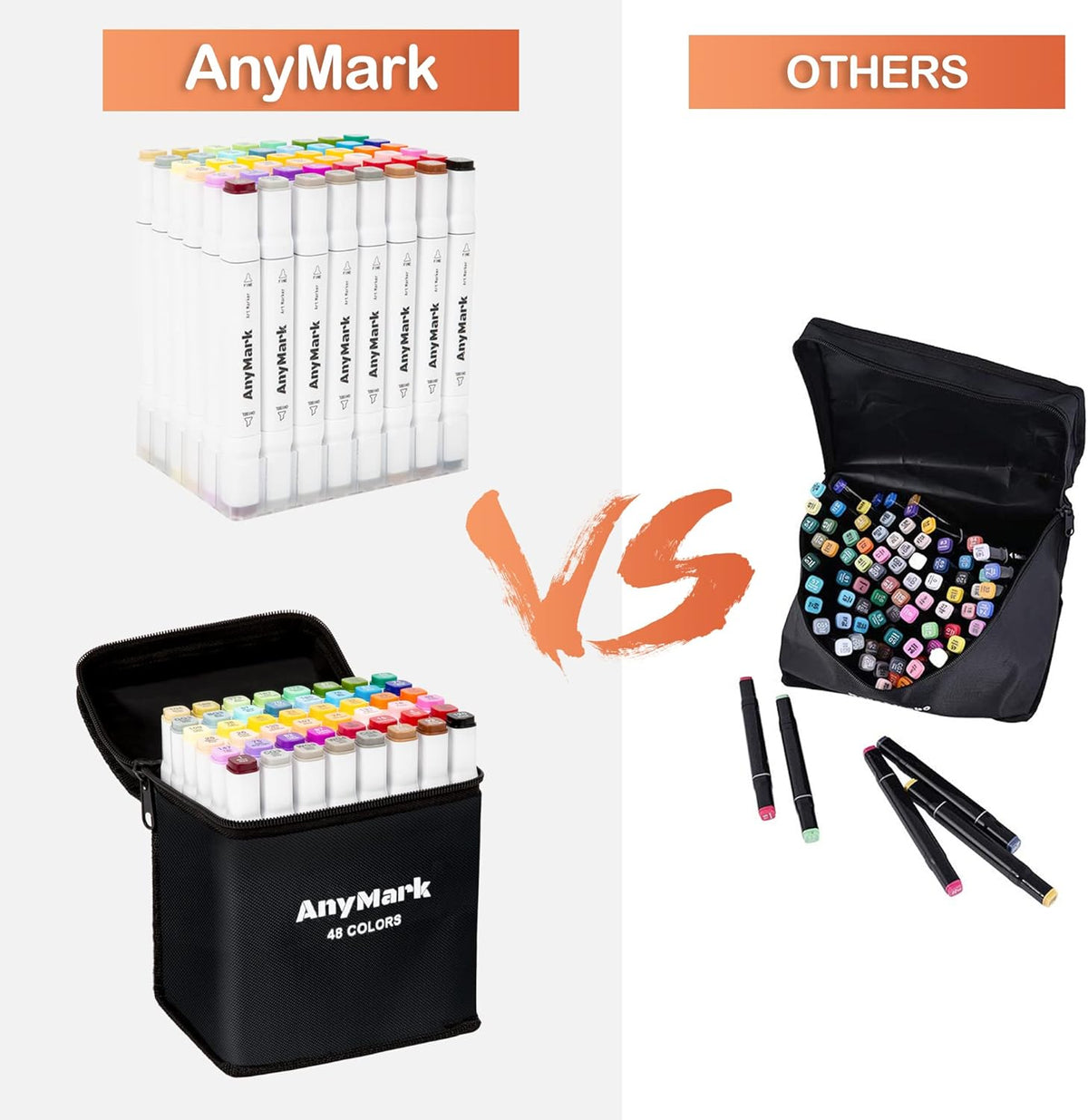 AnyMark Alcohol Markers, 48 Colors Dual Tip Art Coloring Markers Set for Kids Adult Book Drawing Sketching Painting, Chisel & Fine, White Penholder