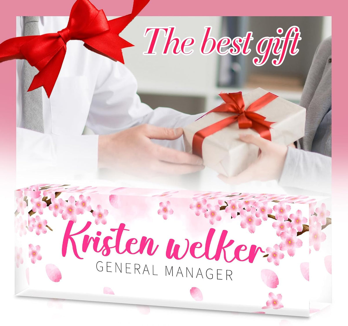 Personalized Name Plate for Desk - Custom Engraved Name Plates for Woman - Boss Day Gifts for Ladies- Pink Office Decor Appreciation Gifts for Teacher Nurse Coworker Social Worker (cherry blossom)