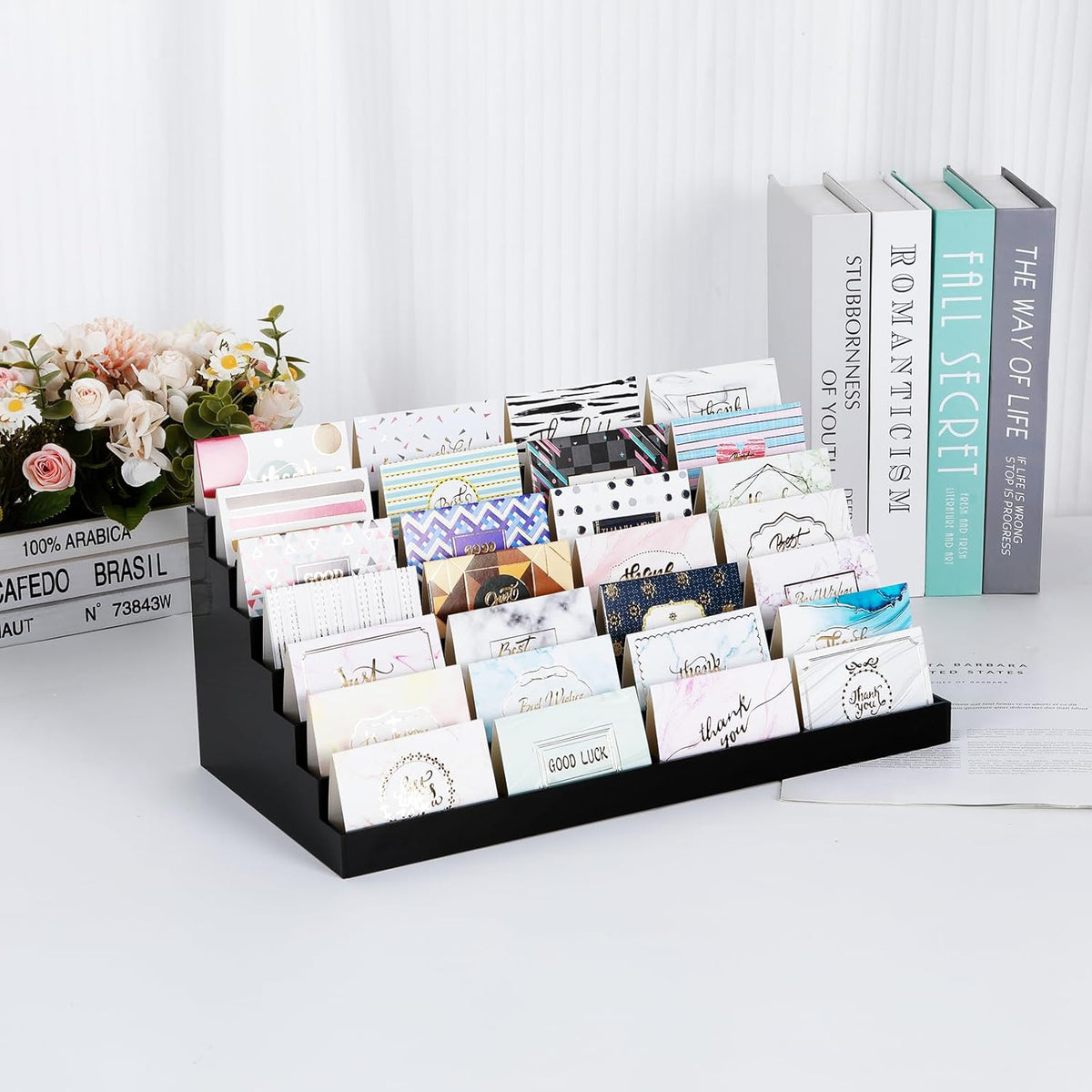 Acrylic Business Card Holder for Desk Multiple Business Card Holders 28 Slot 7 Tier Large Business Card Organizer Business Card Display Rack Black Plastic Business Card Stand for Home Office