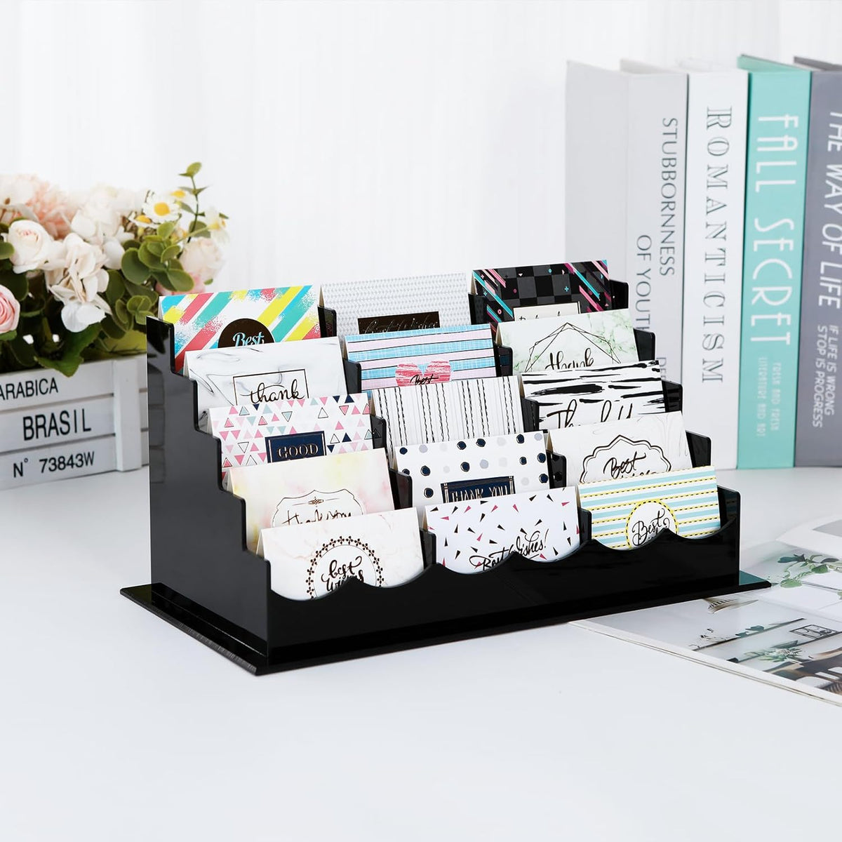 Business Acrylic Card Holder Display for Desk, 15 Slots 5 Tiers Multiple-Black Acrylic Business Card Stand Set, Holds Approximately 750 Cards