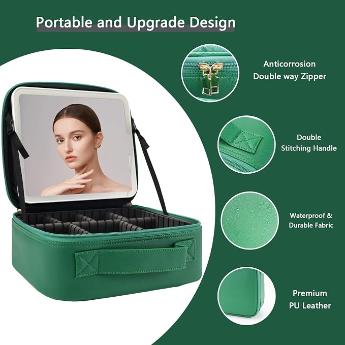 Makeup Bag with Led Mirror, Travel Makeup Organizer with 3 Color Setting & 10X