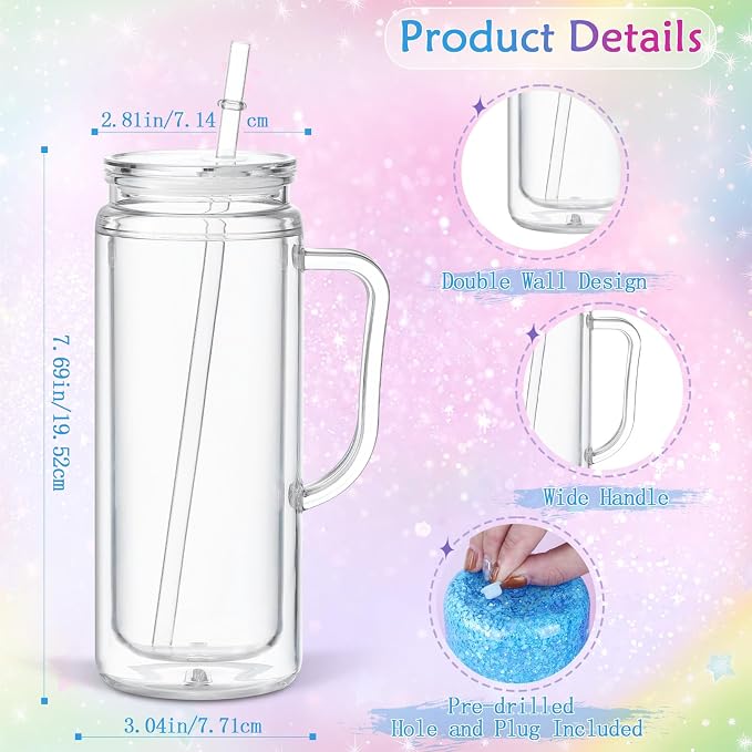 20 Oz Acrylic Snow Globe Tumbler Cup with Handle, Double Wall Plastic Snowglobe Tumbler with Pre-Drilled Hole and Plug for Glitter DIY, 8 Pack