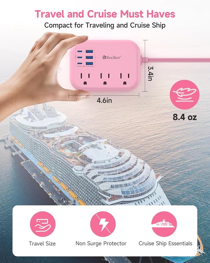 6 USB Pink Power Strip- 5Ft Pink Extension Cord