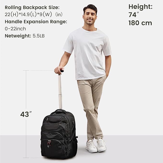 Boavan Wheeled Backpack, 18.4 inch Water Resistant Rolling Backpack, Carry on