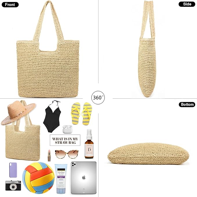 Straw Beach Bags for Women Woven Beach Tote Bag Casual Boho Large Shoulder
