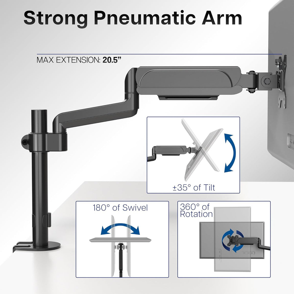 VIVO Single Monitor Arm Mount for 17 to 32 inch Screens - Pneumatic Height Adjustment, Full Articulating Tilt, Swivel, Heavy Duty VESA Stand with Desk C-clamp and Grommet Option STAND-V001K