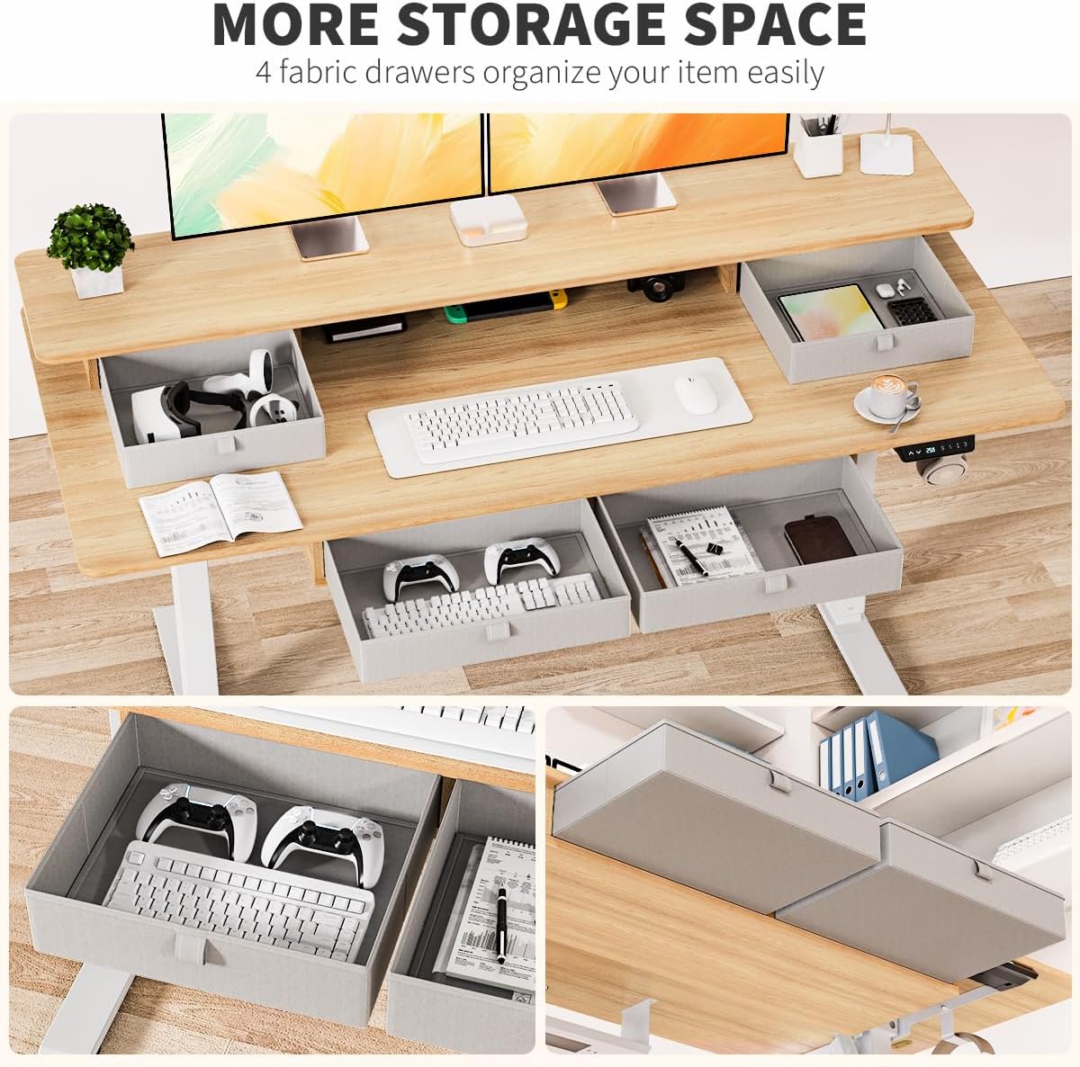 Standing Desk with Fast Charging USB Ports, 55" x 30" Height Adjustable Home Office & Gaming Desk, Sit Stand Desk with Built-in Storage Shelf, Hook & Ergonomic Design(Maple)
