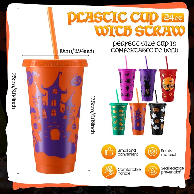 Honeydak 40 Pcs 24oz Halloween Tumblers Bulk Halloween Plastic Cups with Lids Reusable Water Bottle Iced Coffee Travel Mug Cup for Party Holiday Birthdays Goodie Bags Supplies