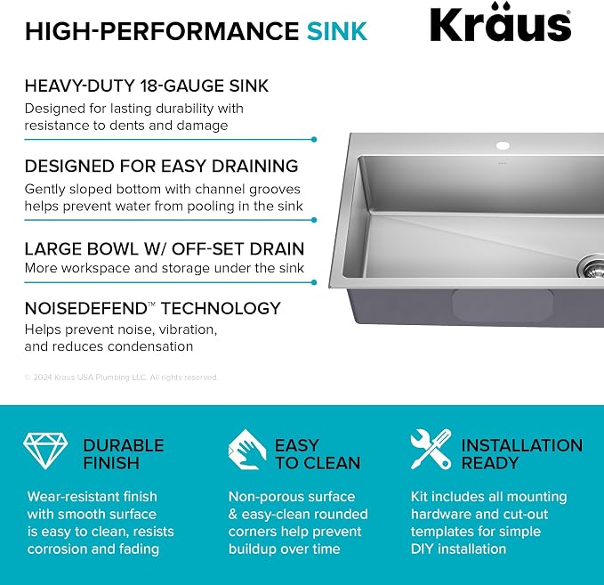 KRAUS Fairlane 33-inch Drop In/Top Mount Single Bowl 18-Gauge Stainless Steel