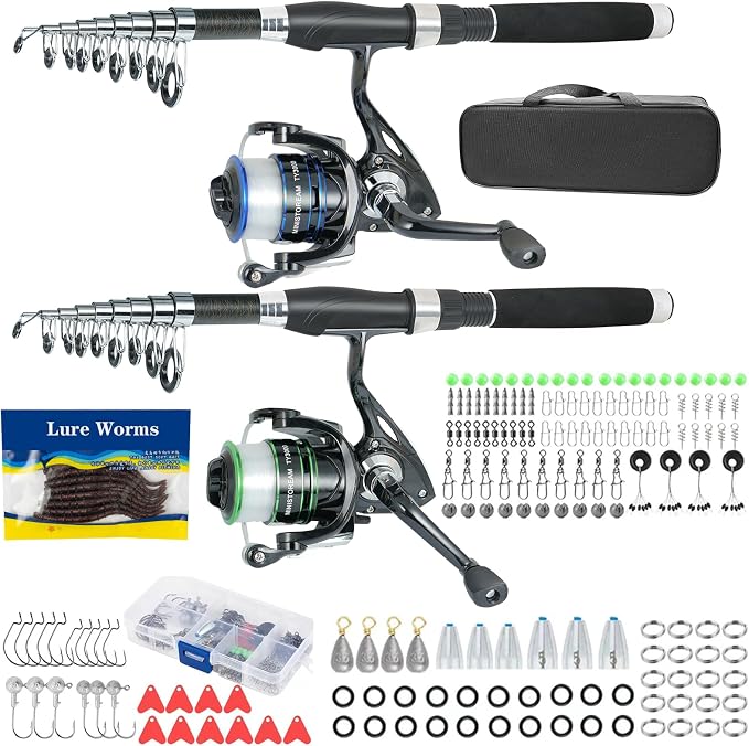 Fishing Pole Combo, Spinning Reels 170Pcs Worm Lure Kit Texas-Rigs-for-Bass