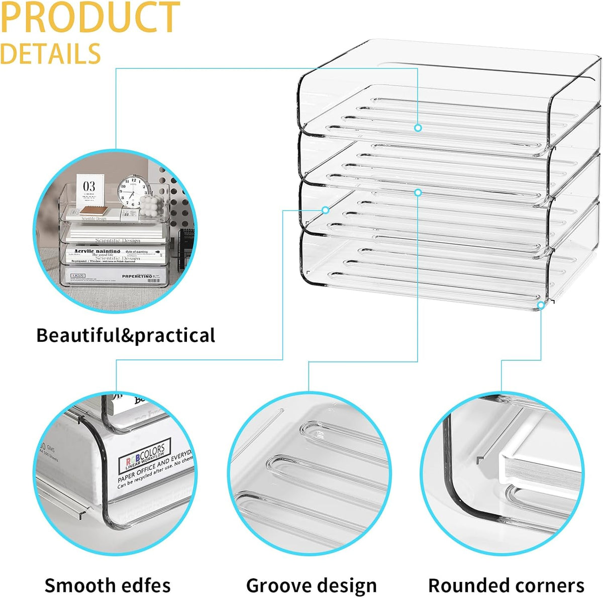 4-Tier Acrylic Paper Tray Organizer - Low-Profile Desk File Sorter for Office/Home, Clear Stackable Letter Tray for Bills, Crafts, Notebooks
