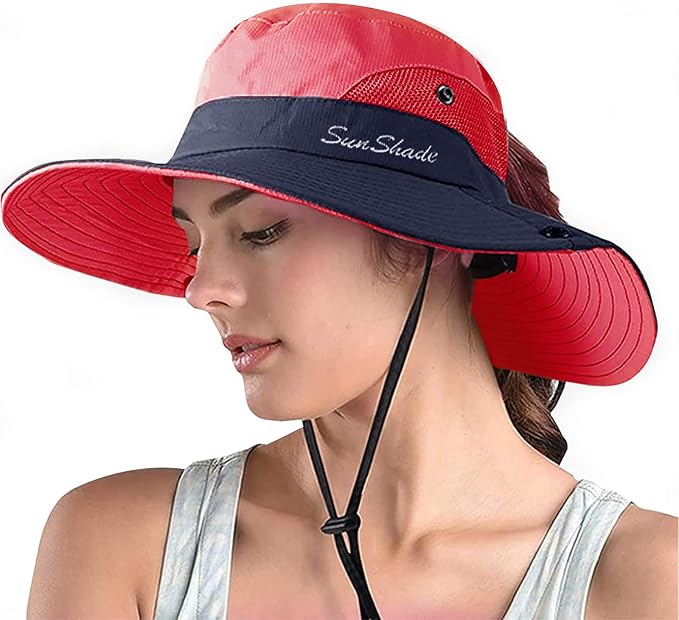 ZOORON Women's Ponytail Safari Sun Hat, Wide Brim UV Protection Outdoor Bucket